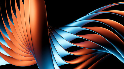 Blue and red orange abstract shiny glossy metallic modern 3D object with many overlapping layers and flowing curves, lines or shapes on black background