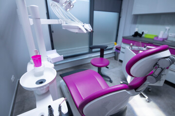 Modern dental practice. Dental chair and other accessories used by dentists.