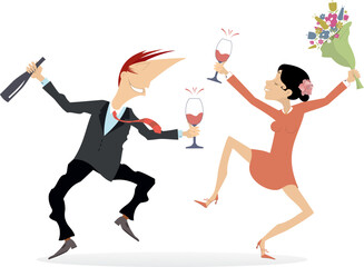 Dancing young people illustration. 
Happy dancing man and woman with a bottle, wine glasses and flowers in the hands. Isolated on white background
