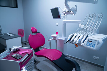 Modern dental practice. Dental chair and other accessories used by dentists.