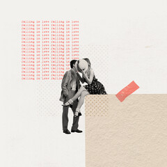Contemporary art collage. Creative design in retro style. Lovely young couple, man and woman...