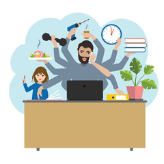 Multitask man. Father, daddy, businessman with child, working, coocking and calling. Flat vector.