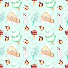Watercolor Christmas pattern with house, snowdrifts, snowman, Christmas tree and gifts