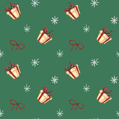 Watercolor Christmas pattern on a green background with gifts, snowflakes and bows