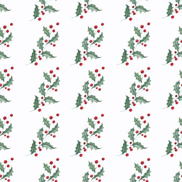 Watercolor Christmas pattern with holly, mistletoe and others