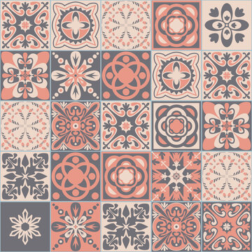Colored Mexican ceramic tile, pink gray beige pastel color, Azulejo mosaic tile for wall decoration.
