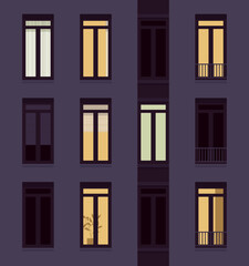 Night light house facade of dark, lighted windows. Residential development, dream home, unique urban, suburban modern elegant project for hospital, library, university building. Vector illustration