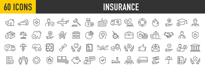 Set of 60 Insurance web icons in line style. Medical, Car, insurance situations, accident, health, flood, life, travel, fly, home. Vector illustration.