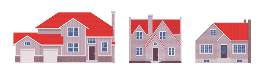 Red roof white home exterior, facade cartoon set. Buying dream house, garage, building decor for designers, architects, builders, homebuyer architectural inspiration. Vector flat style illustration