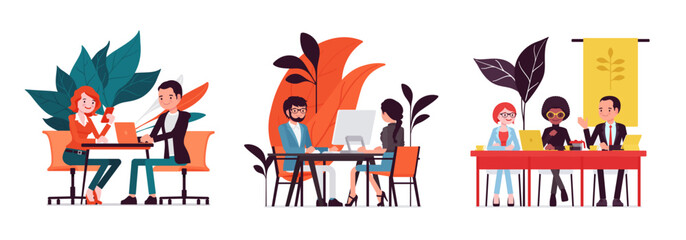 Business, home, office scenes cartoon set. Watching smartphones on business lunch, businesswoman, businessman running positive, productive meeting. Vector creative vibrant botanical illustration