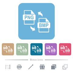 PNG BMP file conversion flat icons on color rounded square backgrounds