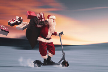 Fototapeta premium Santa Claus riding a scooter and delivering gifts