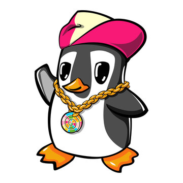 vector mascot character a penguin with pink hat and wearing a hip-hop style gold chain necklace
