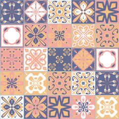 Azulejo ceramic square tiles, spanish mediterranean style purple pink color, vector illustration