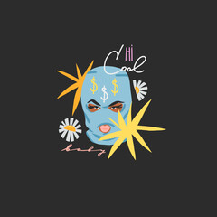 Hand drawn abstract vector graphic clipart illustrations collection set with bandit girl in balaclava.Trendy modern female design stickers concept.Vector woman fashion contemporary art.Beauty model.