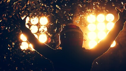 Silhouette of race car driver celebrating the win in a race against bright stadium lights. 100 FPS...