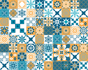 Spanish Azulejo style decorative pattern, blue orange white square ceramic tiles for design, vector illustration