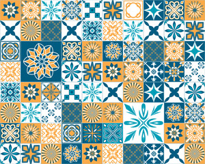 Spanish Azulejo style blue orange white square ceramic tiles for design, vintage vector illustration