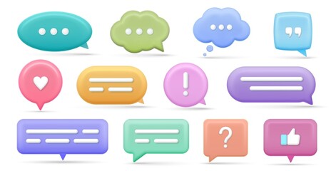 Set of 3d speak bubble. Chatting box, message box. Social network communication concept. illustration.