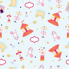 Seamless circus pattern. Pink circus with elements on light blue background