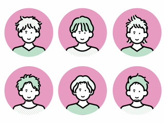 くせ毛を活かしたヘアスタイルの男性のアイコンイラストセット