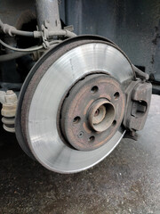Front car disc and brake pad close-up