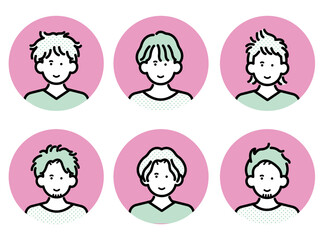 くせ毛を活かしたヘアスタイルの男性のアイコンイラストセット