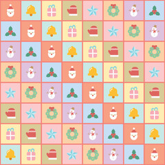 Checked pattern with Christmas cartoon icons. Seamless Christmas theme pastel colors background.
