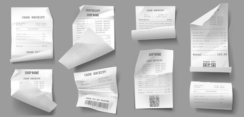 Realistic paper receipt, check and payment bill printed on rolled and curved thermal paper.