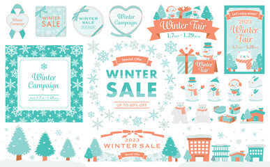 雪の結晶をあしらった冬のフレームと冬季イラストセット_寒色と暖色