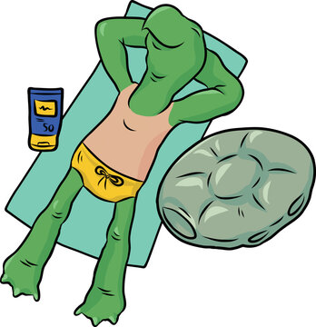 niedliche grüne Schildkröte liegt mit Badehose und Strandtuch in der Sonne