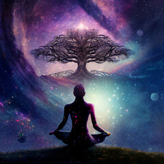 Fototapeta na wymiar Spirit Tree Meditation on reality in the expanse of the universe with galaxies and nebulae in the background