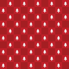 Cute retro vintage Christmas Checkerboard seamless pattern vector background. Abstract festive red repeat texture wallpaper with xmas christmas tree icon silhouette, modern trendy textile design