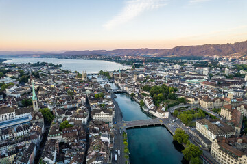 Obraz premium Aerial drone shot flying above Lake Zurich, Switzerland in sunny day. 