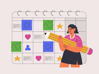 Content plan concept. Girl making notes on the calendar. Scheduling social media posts. Internet marketing. Hand drawn vector illustration isolated on white background. Modern flat cartoon style