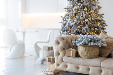 Beautiful living room interior with Christmas tree