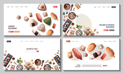 Set of Web pages with Sushi, Miso soup, ramen, onigiri, dango, mochi, matcha tea. Japanese food, healthy eating, cooking, menu concept. Vector illustration. Banner, website, advertising.