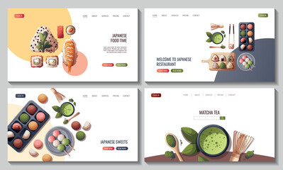 Set of Web pages with colorful Sweet Mochi, dango, matcha tea, sushi. Japanese food, healthy eating, cooking, menu, sweet food, dessert concept. Vector illustration. Banner, website, advertising. 