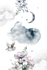 Nature and animals watercolor template for postcards. An owl flying over a meadow with flowers and a hare. Clouds and moon background - 545893912