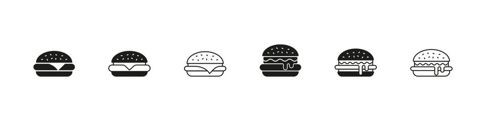 Burger icon. Hamburger vector set. Cheeseburger logo. Fastfood meal isolated on white background. burger bun line design.