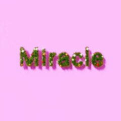 Beautiful christmas background with christmas wreath like font forming the text Miracle with pink background in the sun, copy space for text (3D Rendering)