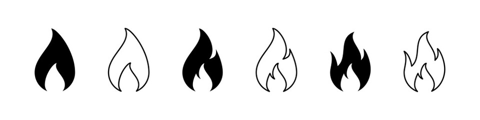 Fire icon. Flame vector set. Fire line outline sign. Flammable symbol. Fireplace isolated on white background.