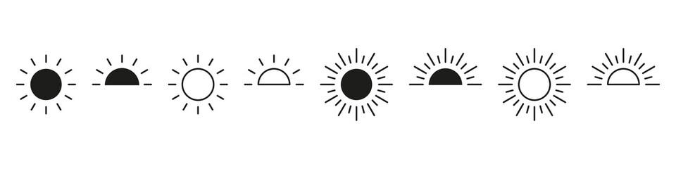 Sun icon. Sunny rays vector set. Sunlight simple line sign isolated on white background. Sun set linear icons.