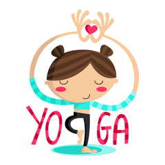 Naklejka premium illustration of a girl practicing yoga tree pose and making a heart with her hands and the word yoga decorated with stripes