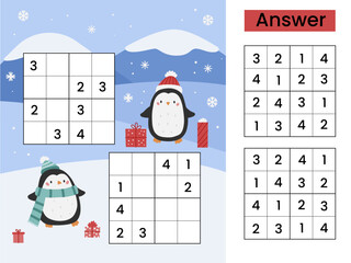 Sudoku puzzle game for children. Christmas educational worksheet. Sudoku with solution. Cute cartoon penguins with presents. Logic puzzle for kids. Vector illustration.