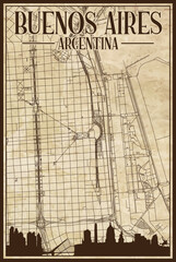 Brown vintage hand-drawn printout streets network map of the downtown BUENOS AIRES, ARGENTINA with highlighted city skyline and lettering