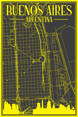 Black and yellow vintage hand-drawn printout streets network map of the downtown BUENOS AIRES, ARGENTINAwith highlighted city skyline and lettering