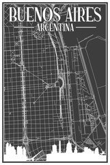 Black vintage hand-drawn printout streets network map of the downtown BUENOS AIRES, ARGENTINA with highlighted city skyline and lettering