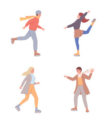 Ice skaters semi flat color vector characters set. Outdoor winter activity. Editable figures. Full body people on white. Simple cartoon style illustration pack for web graphic design and animation