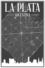 Black vintage hand-drawn printout streets network map of the downtown LA PLATA, ARGENTINA with highlighted city skyline and lettering